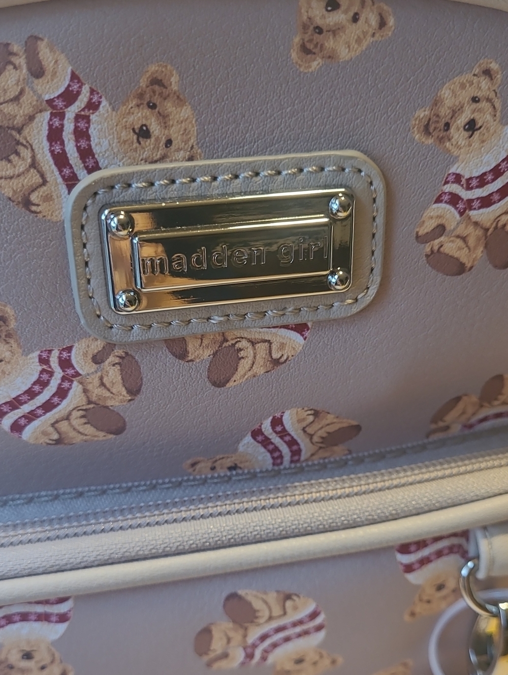 Madden Girl Mauve Teddy Print Khaki Mini Backpack with Coin Pouch - Picture 3 of 9